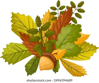 autumn composition of autumn leaves of different trees with acorn and chestnut and maple