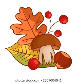 Autumn composition of leaves, mushrooms, chestnut and rowan berries. Vector cartoon illustration