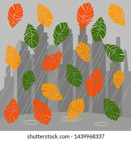 Autumn composition with leaves on background of cityscape. Vector illustration