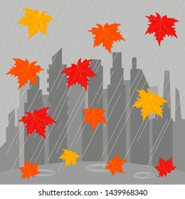 Autumn composition with leaves on background of cityscape. Vector illustration