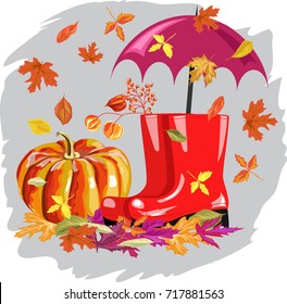 autumn composition. leaves pumpkin umbrella