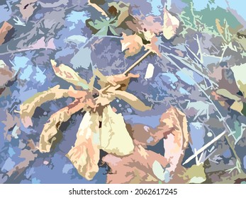 Autumn composition with leaves and wet color grass for textiles or prints. Fallen chestnut leaves, swollen grass for creative compositions, fabric products, wallpaper, covers, backgrounds and textures