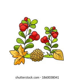 Autumn composition with Lingonberries. Vector illustration in cartoon style. Isolated on a white background.