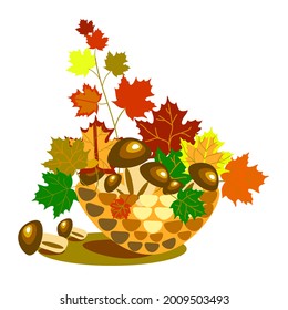 Autumn composition maple leaves and mushrooms in a basket on a white background .Vector illustration.Bright leaves and mushrooms can be used in autumn designs.
