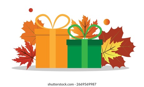 Autumn Composition with Maple Leaves and Present Boxes. Presents and seasonal holidays concept vector art