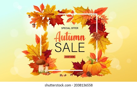 Herbstkomposition. Ahorn- und Eichenblätter, Akkorde, Pilze, Kürbis, Kürbis, Konen, Aschenbeeren auf gelbem Hintergrund. Sonderangebot, Verkauf, Shop jetzt. Vektorgrafik