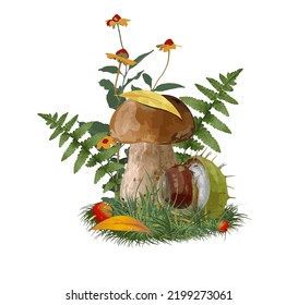 
Autumn composition mushroom and chestnut in the grass. Illustration for children, isolate on white background. Vector illustration.