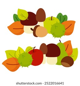 Composição de outono de cogumelos, maçãs e folhas de outono