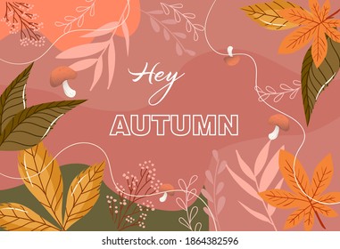 Autumn composition with mushrooms, leaves, twigs, and abstract lines. Vector