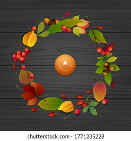 Autumn composition. Oak acorns, physalis, autumn leaves, rosehip and rowan berries lie around a burning candle on wooden table. Flat lay, top view, copy space. Realistic vector illustration