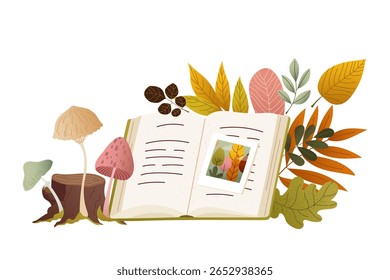 Composição de outono com livro aberto, cogumelos e folhas sazonais em estilo acolhedor quente. Ilustração texturizada de vetor desenhada à mão para carta de queda, impressão, cartaz, banner. Design nostálgico com atmosfera macia