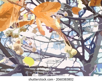 Autumn composition with orange leaves for backgrounds and textures. Tree branches against the gray wall for prints and wallpaper, covers, postcards, fabric products, autumn compositions, etc.