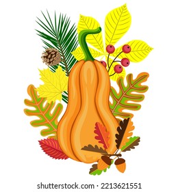 Autumn composition, orange pumpkin, acorns, red berry, autumn leaves, isolated on white background. Hand drawn clipart, vector.