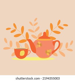 Autumn composition orange teapot with a cup of tea, leaves in the background. For cafes and restaurants. Flat style. Vector.