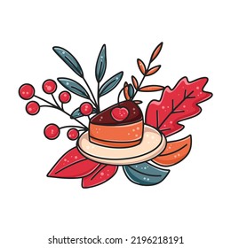 Autumn Composition Piece Of Cake, Foliage And Berries. Fall Seasonal Cozy Decor. Picture Pie With Cherries On Background Of Colorful Autumn Leaves. Themed Autumn Sticker Isolated Vector Illustration