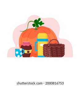 Herbstkomposition mit Kürbis, Korb, Tasse Tee, Thermos und Marmelade. Illustration, Banner oder Karte.