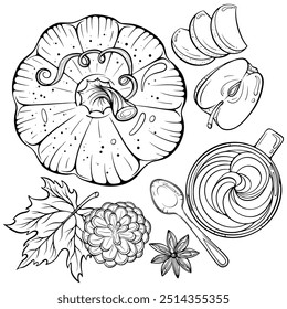Herbstkomposition mit Kürbis, Kaffee mit Schlagsahne, Apfelblick. Gemütliche Herbstdekoration. Vektorgrafik im handgezeichneten Skizzenstil. Linienkunst einzeln auf Weiß zum Färben von Buch, Druck