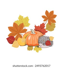 Autumn composition pumpkin, hedgehog and autumn leaves on a white background. Vector illustration for autumn designs, textiles, postcards.