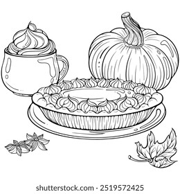 Autumn composition with pumpkin latte and pumpkin pie with whipped cream. Cozy autumn decor. Vector illustration in hand drawn sketch style. Line art isolated on white for coloring book, print