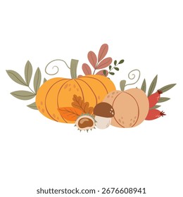 Herbstkomposition aus Kürbis, Pilzen, Kastanien und Herbstblättern. Ernte, Geschenke des Herbstes.