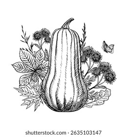 Autumn composition with pumpkin and plant elements. Vector graphics. Black and white hand-drawn illustration. For greeting and invitation cards, banners and posters, for stickers and packaging, labels