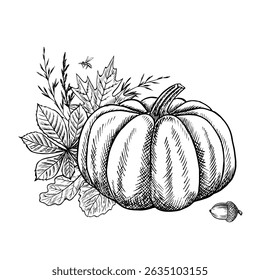 Composición otoñal con Elementos de calabaza y plantas. Gráficos de Vector. Ilustración dibujada a mano en blanco y negro. Para tarjetas de felicitación e invitación, Anuncios y carteles, para pegatinas y embalajes, etiquetas