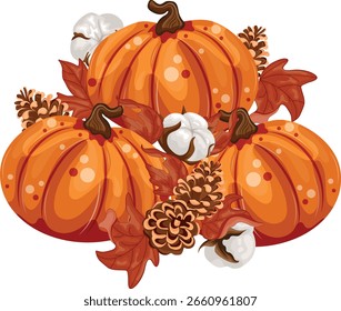 Herbstkomposition aus Herbstkürbis mit Flecken, Baumwolle und Kiefernzapfen im Cartoonstil, für Herbstdesigns, Karten oder Verpackungen