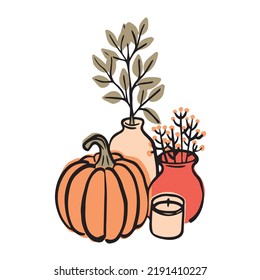 Autumn composition and pumpkin  Still life and plants in  vase and home decor  Hand drawn vector illustration 