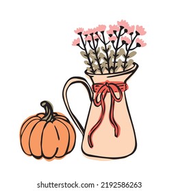 Autumn composition and pumpkin  Still life and plants in vase and home decor  Hand drawn vector illustration 