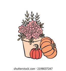 Autumn composition and pumpkin  Still life and plants in vase and home decor  Hand drawn vector illustration 