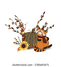 Autumn composition. Pumpkin and autumn twigs isolated on white background. Red panda character. Cute animals in a hat