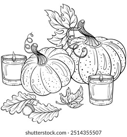 Composición otoñal con calabazas, velas y hojas caídas. Acogedora decoración de otoño. Ilustración vectorial en estilo de boceto dibujado a mano. Arte de línea aislado en blanco para colorear libro, impresión