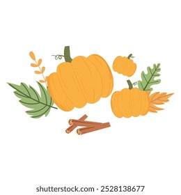 Autumn Composition of Pumpkins and Fallen Leaves Vector Illustration