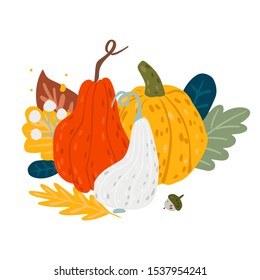 Autumn composition  pumpkins, leaves and berries. Vector illustration in flat cartoon style 