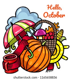 autumn composition pumpkins and mushrooms. hand drawn vector 

