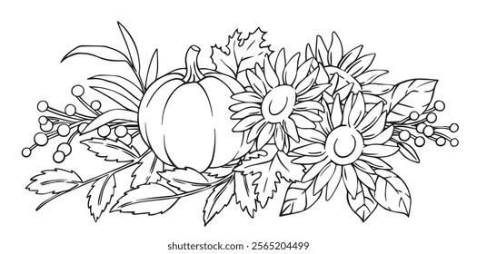 autumn composition of pumpkins and sunflowers in sketch style. Thanksgiving decoration, coloring book