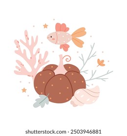 Autumn Composition of pumpkins and the underwater world. Surrealism. Cute autumn illustration in pastel colors.