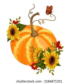 Autumn composition of ripe pumpkin, blooming sunflower, wild flowers and butterflies. Cartoon vector graphics.