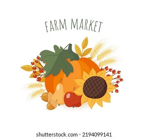 Autumn composition of ripe pumpkin, blooming sunflower, fruits and fall leaves. Banner for local farm harvest market. Thanksgiving flat style vector illustration.