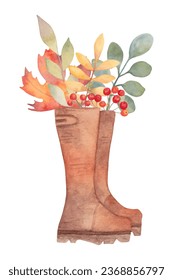 Autumn composition with rubber boots, rowan and leaves. Botanical seasonal watercolor illustration.Thanksgiving. Hand drawing.