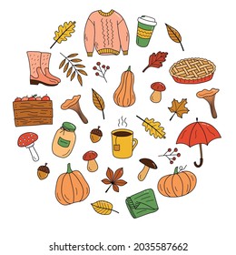 Autumn composition in the shape of a circle in the doodle style. Vector illustration in color. Cozy elements of autumn. Perfect for a postcard, poster or seasonal advertising banner
