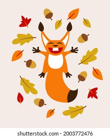 autumn composition with a squirrel and leaves. warm autumn colors. a cheerful squirrel frolics in a pile of leaves. vector illustration.