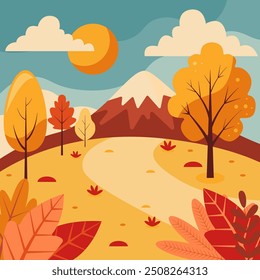 Autumn composition. Autumn sunny day, cloudy sky,  trees with yellow and red leaves, a mountain in the background and a road 