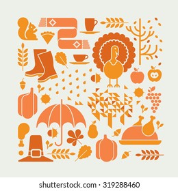 Autumn composition with thanksgiving silhouettes in a shape of square. 