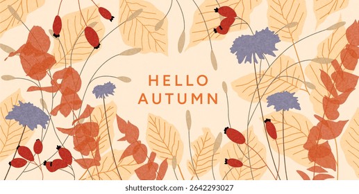 Autumn composition with transparent flowers, dry poppy pods, orange foliage and purple blossoms. Seasonal botanical background for greeting, poster, header, card, banner. Vector illustration