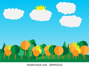 Autumn composition of trees against the blue sky with clouds. Vector