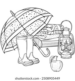 Autumn composition with a umbrella, rubber boots, lantern with candle, warm blankets. Cozy autumn decor. Vector illustration in hand drawn sketch style. Line art isolated on white for coloring book