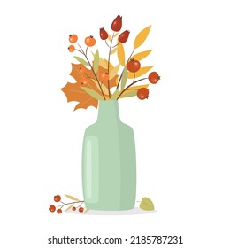 Autumn composition. Vase with leaves and fruits. Flat style. Vector illustration autumn 
