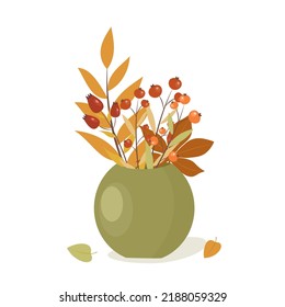 Autumn composition. Vase with leaves and fruits. Flat style. Vector illustration autumn 
