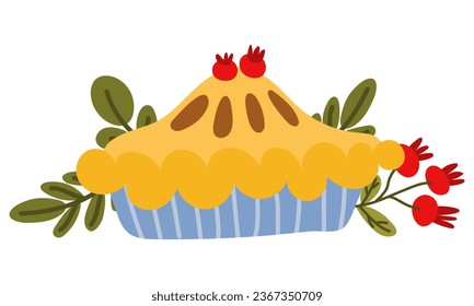 Autumn composition of a whole pie and foliage. Autumn seasonal cozy decor. Imagine a pie, a branch of cranberries, green leaves. Autumn themed sticker isolated vector for festive dinner